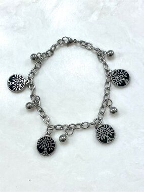 Silver-Tone Tree of Life Charm Bracelet with Black Accents